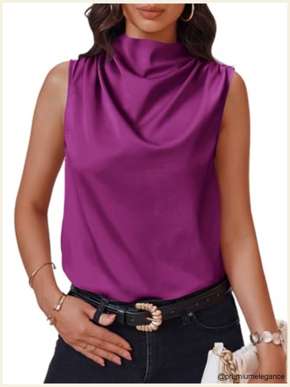 Silky Satin Mock Neck Tank Top Sleeveless Ruched Button Back Business Casual